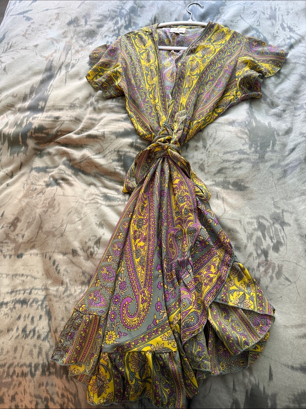 Perry Walker Paisley Tie-Waist Mini Dress in Yellow and Purple